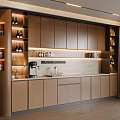 Modern Wooden Sideboard Design With Lighting Shelves Wine Bottles Glasses And Coffee Machine