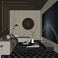 Modern Home Theater Interior With Comfortable Sofa Large Screen TV Circular Artwork And Geometric Lighting