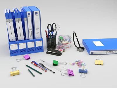 Organized Office Supplies With Blue Folders Scissors Pens And Paper Clips 3d model