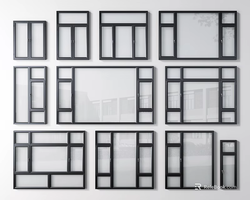 Various Black Window Frame Designs Arranged on White Background 3d model