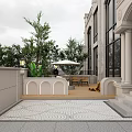 Rooftop Garden With Wooden Deck Fire Pit Outdoor Dining Table Chairs Green Plants And Trees