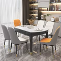 Modern Dining Table Set With Marble Top Black Frame Gold Legs And Orange Gray Chairs