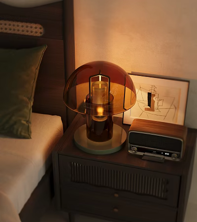 Cozy Bedroom Bedside Table With Amber Glass Lamp And Vintage Radio 3d model