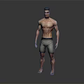 Muscular Shirtless Male Character Standing in Gray Shorts on Gray Background