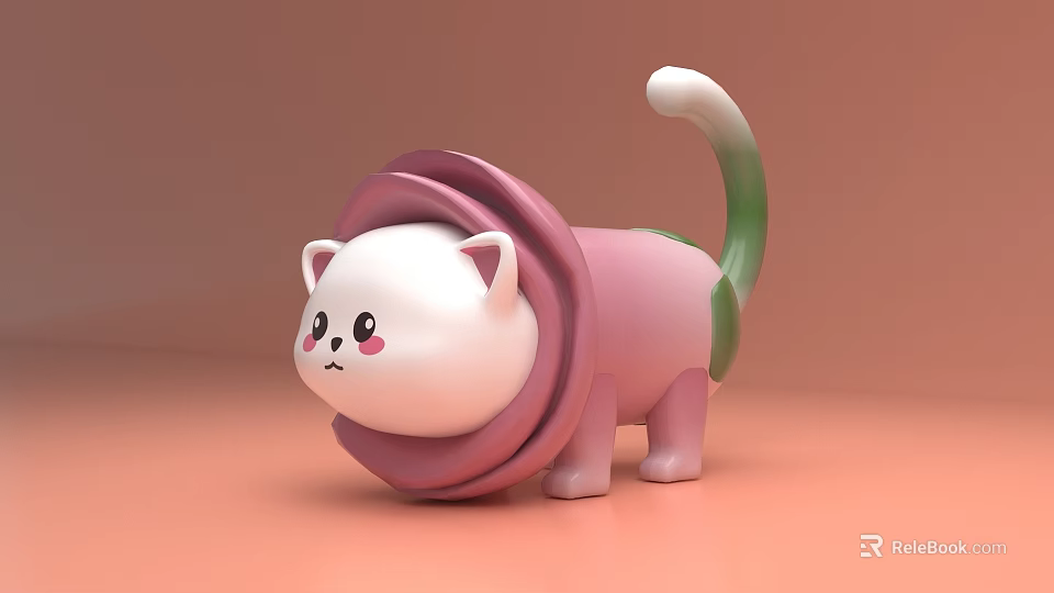 Cute Inflatable Cat Toy With White Body Pink Petal Collar And Green Tail 3d model 