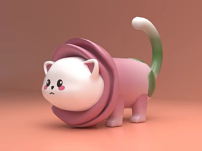 Cute Inflatable Cat Toy With White Body Pink Petal Collar And Green Tail 3d model
