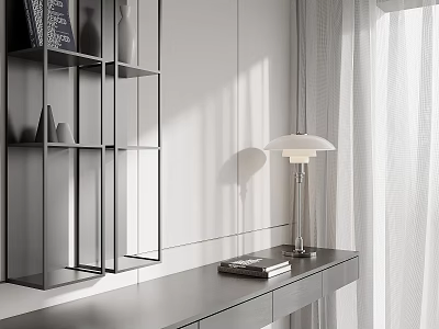 Modern Minimalist Desk With Open Shelf Table Lamp Books White Wall And Curtains 3d model