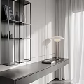 Modern Minimalist Desk With Open Shelf Table Lamp Books White Wall And Curtains