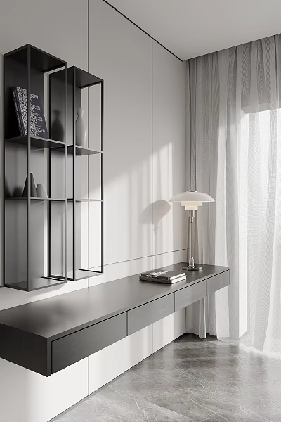 Modern Minimalist Desk With Open Shelf Table Lamp Books White Wall And Curtains 3d model