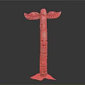 Traditional Wooden Totem Pole With Carved Eyes Feathers And Cultural Patterns