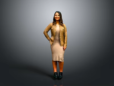 A Woman Wearing Beige Dress Brown Jacket And Black Shoes Against Gray Background 3d model