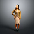 A Woman Wearing Beige Dress Brown Jacket And Black Shoes Against Gray Background