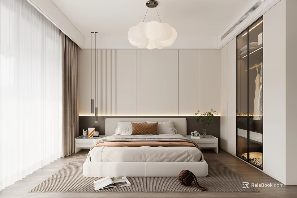 Modern Minimalist Bedroom Interior Design With White Bed Pendant Light And Floor to Ceiling Window 3d model 