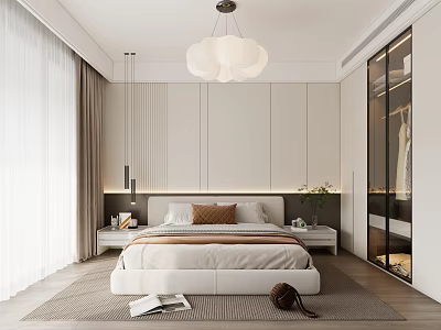Modern Minimalist Bedroom Interior Design With White Bed Pendant Light And Floor to Ceiling Window 3d model