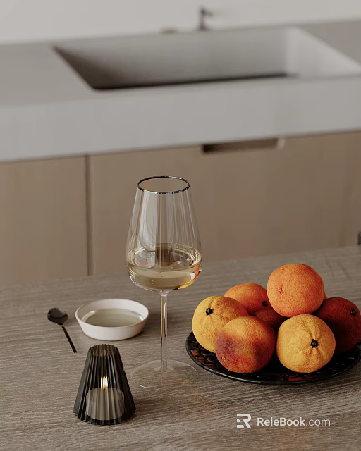 Tabletop Decorative Ornament Set With Wine Glass Peaches Bowl Spoon And Fork 3d model 