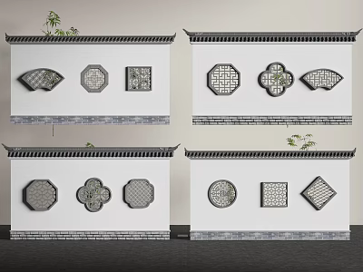 Traditional Chinese Scenic Wall Design With Various Shaped Lattice Panels And Decorative Green Plants 3d model