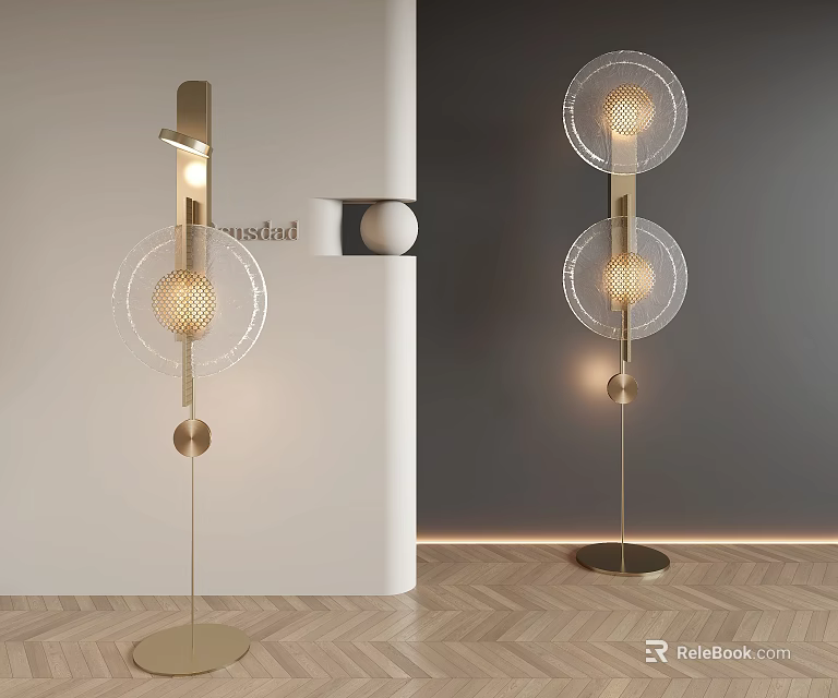 Elegant Floor Lamp With Gold Metal Frame And Circular Glass Shades For Modern Interior Decor 3d model 