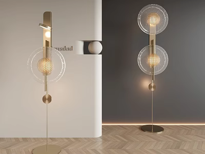 Elegant Floor Lamp With Gold Metal Frame And Circular Glass Shades For Modern Interior Decor 3d model