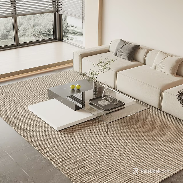 Modern Light Beige Sofa With Glass White Coffee Table Set Pillows Green Plant And Woven Rug 3d model 