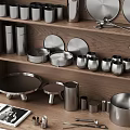 Elegant Stainless Steel Kitchen Cookware Displayed on Wooden Shelves with Plates Mugs and Pitcher