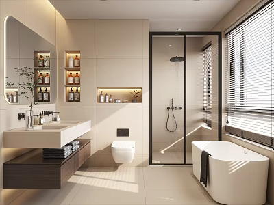 Modern Bathroom Interior With Glass Shower Enclosure Freestanding Bathtub Vanity Counter And Storage Shelves 3d model
