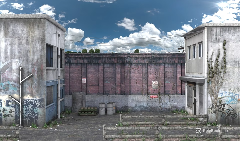 Weathered Building Exterior Wall With Red Brick Gray Buildings Steps Barrels Graffiti White Clouds 3d model 