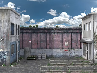 Weathered Building Exterior Wall With Red Brick Gray Buildings Steps Barrels Graffiti White Clouds 3d model