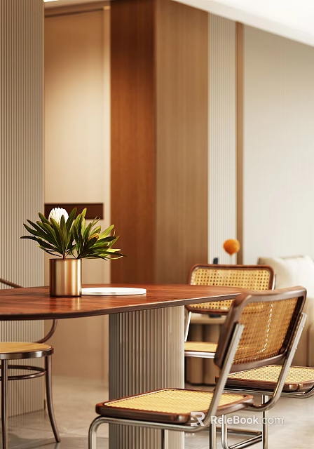 Warm Living Dining Room Interior With Wooden Table Brass Vase Green Plant And Rattan Chairs 3d model 