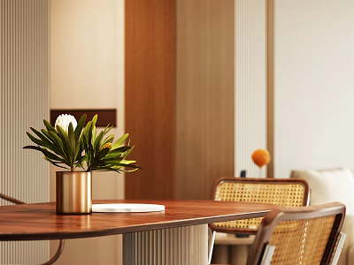 Warm Living Dining Room Interior With Wooden Table Brass Vase Green Plant And Rattan Chairs 3d model