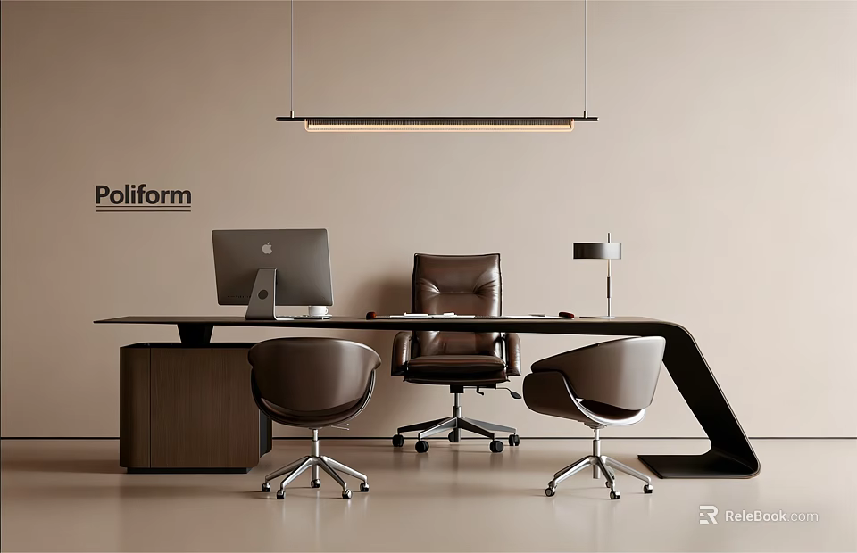 Poliform Modern Office Desk With Computer Monitor Leather Chair And Desk Lamp 3d model 