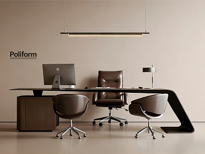 Poliform Modern Office Desk With Computer Monitor Leather Chair And Desk Lamp 3d model
