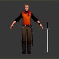 3D Blonde Male Character in Red Vest Black Shirt Brown Pants with Sword Standing