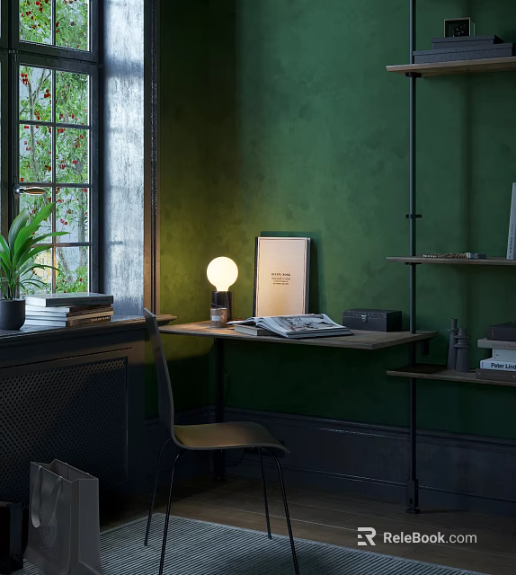 Cozy Desk Setup With Green Wall Window Potted Plant Table Lamp Open Book And Shelves 3d model 