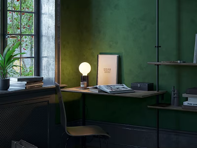 Cozy Desk Setup With Green Wall Window Potted Plant Table Lamp Open Book And Shelves 3d model