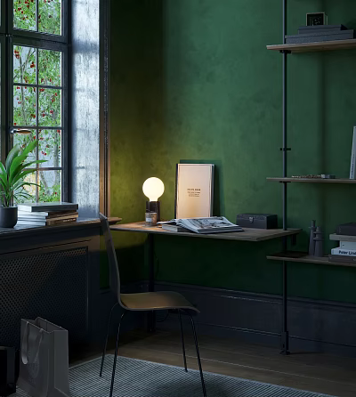 Cozy Desk Setup With Green Wall Window Potted Plant Table Lamp Open Book And Shelves 3d model