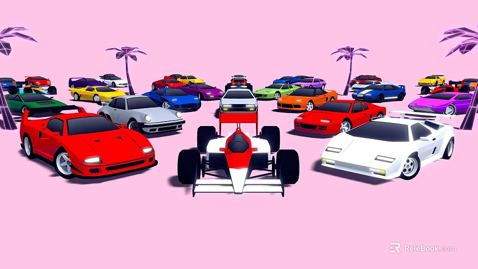 Colorful Sports Cars And F1 Racing Car On Pink Background With Palm Trees 3d model 