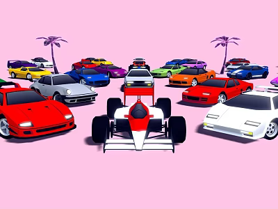 Colorful Sports Cars And F1 Racing Car On Pink Background With Palm Trees 3d model
