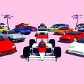 Colorful Sports Cars And F1 Racing Car On Pink Background With Palm Trees