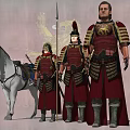 Game Movie Characters in Red Armor Standing With Two White Horses Against Golden Lion Background