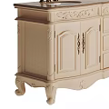 Elegant Classic Bathroom Vanity With Double Sink Carved Details Drawers And Wooden Cabinets