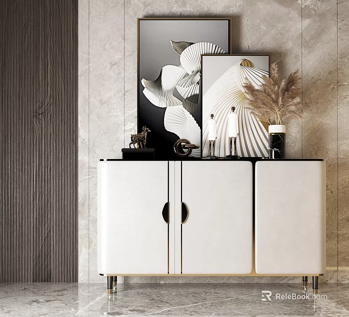 Elegant White Console Sideboard With Gold Accent And Decorative Ornaments On Textured Wall Background 3d model 