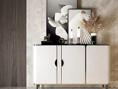 Elegant White Console Sideboard With Gold Accent And Decorative Ornaments On Textured Wall Background 3d model