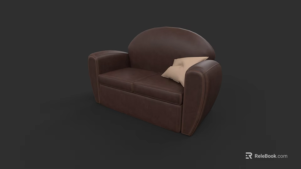 Brown Leather Two Seater Sofa With Armrests And Light Colored Pillow 3d model