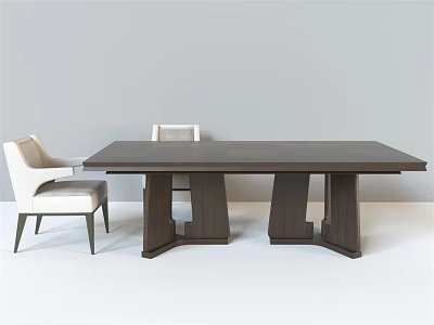 Modern Minimalist Dark Wood Rectangular Dining Table Set with Three Light Colored Chairs 3d model