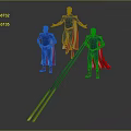 Men in blue uniforms and red capes with one jumping and red arrow below