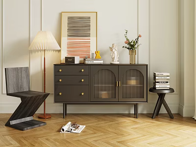 Dark Wood Sideboard with Gold Handles Glass Doors and Floor Lamp Artwork in Modern Interior 3d model