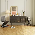 Dark Wood Sideboard with Gold Handles Glass Doors and Floor Lamp Artwork in Modern Interior