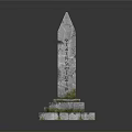 Ancient Weathered Stone Obelisk Sculpture With Detailed Carving And Step Base