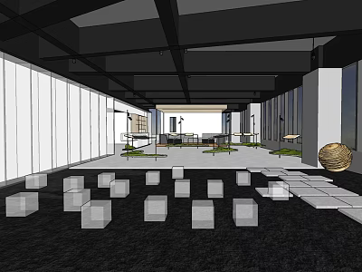 Modern Spacious Interior Design Featuring White Partition Walls Black Ceiling White Cubes And Golden Sphere 3d model