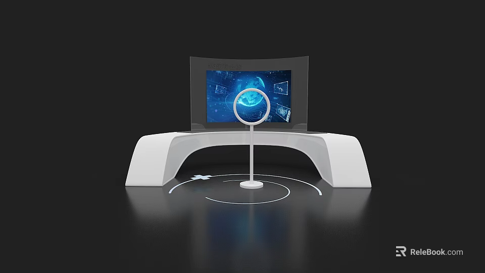 White Modern Exhibition Island With Curved Display Screen Globe And Tech Elements 3d model